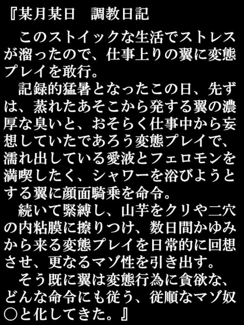 **ドキュメンタリー 翼 Vol.3【体液プレイ&異物挿入】猛暑日、仕事上りシャワー前に顔面騎乗～山芋をクリと二穴の内粘膜擦りつけ～翼の濃厚濃色聖水飲尿、変態マゾと化してきた翼への**プレイ 編 同人動画