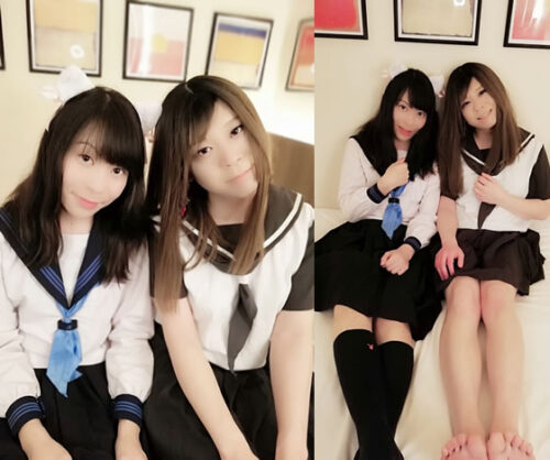 同人男の娘出版０１３前編「さくら＋しおり（男の娘）さくらちゃんがしおりさんとＷセーラー服でメスイキ！３発のザーメンが発射！前編ではしおりさんが手コキであえなく射精。／あぁダメ！イっちゃう！（前編）」 コスプレハード