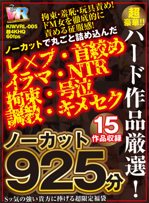 【VR】ノーカット925分15作品収録 超豪華!!ハード作品厳選!! ノーカットで丸ごと詰め込んだ レ×プ・首絞め・イラマ・NTR・拘束・号泣・調教・キメセク Sッ気の強い貴方に捧げる超限定福袋
